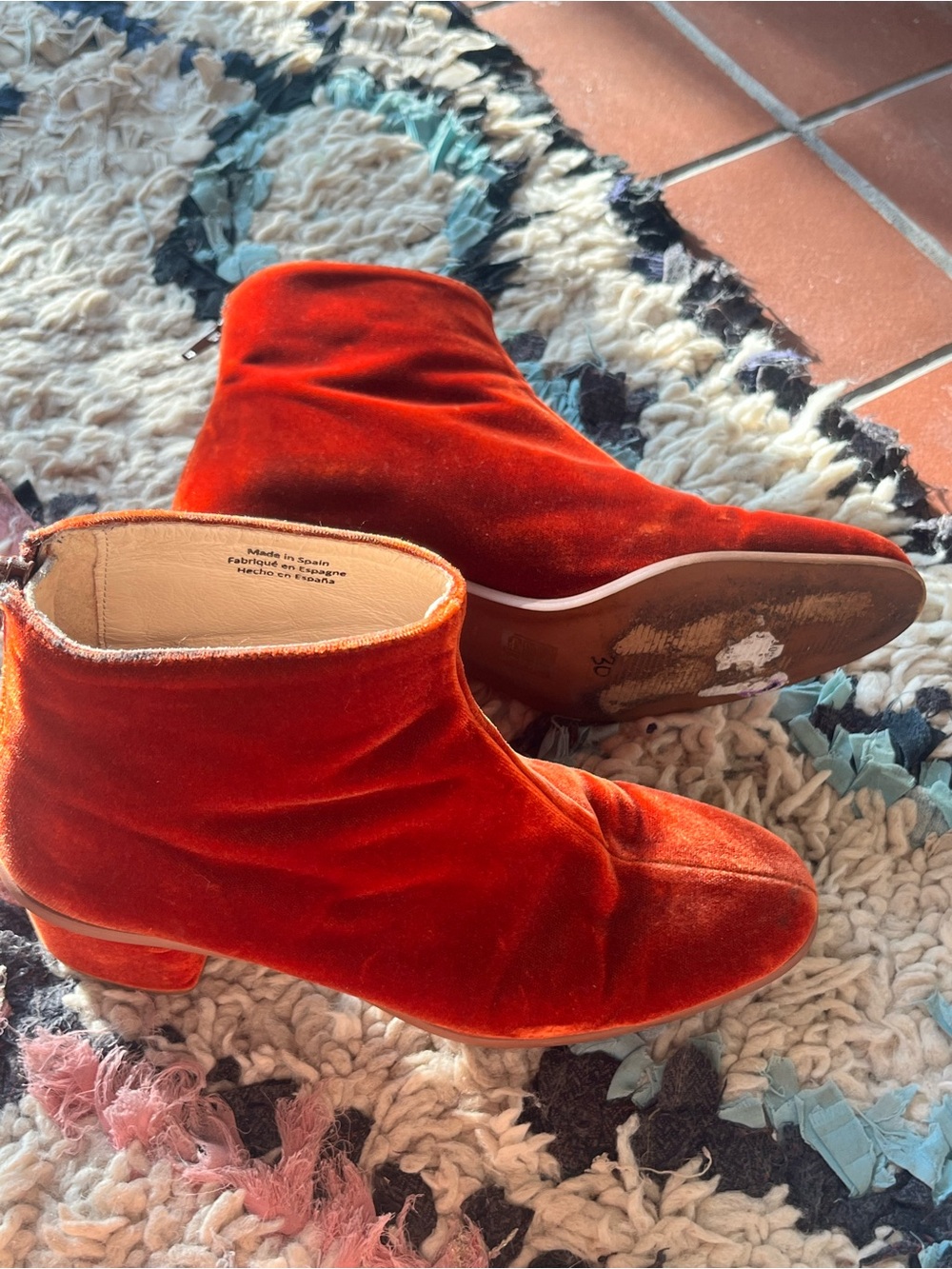 Anthropologie Velvet Ankle Boots in Vibrant Orange